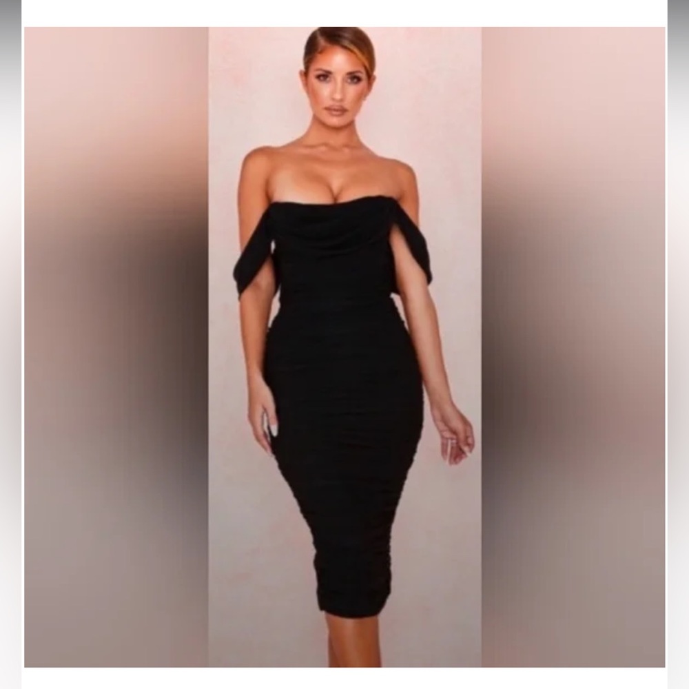 HOUSE OF CB - Black Ruched Chiffon Midi Carlotta Dress- Size Small
